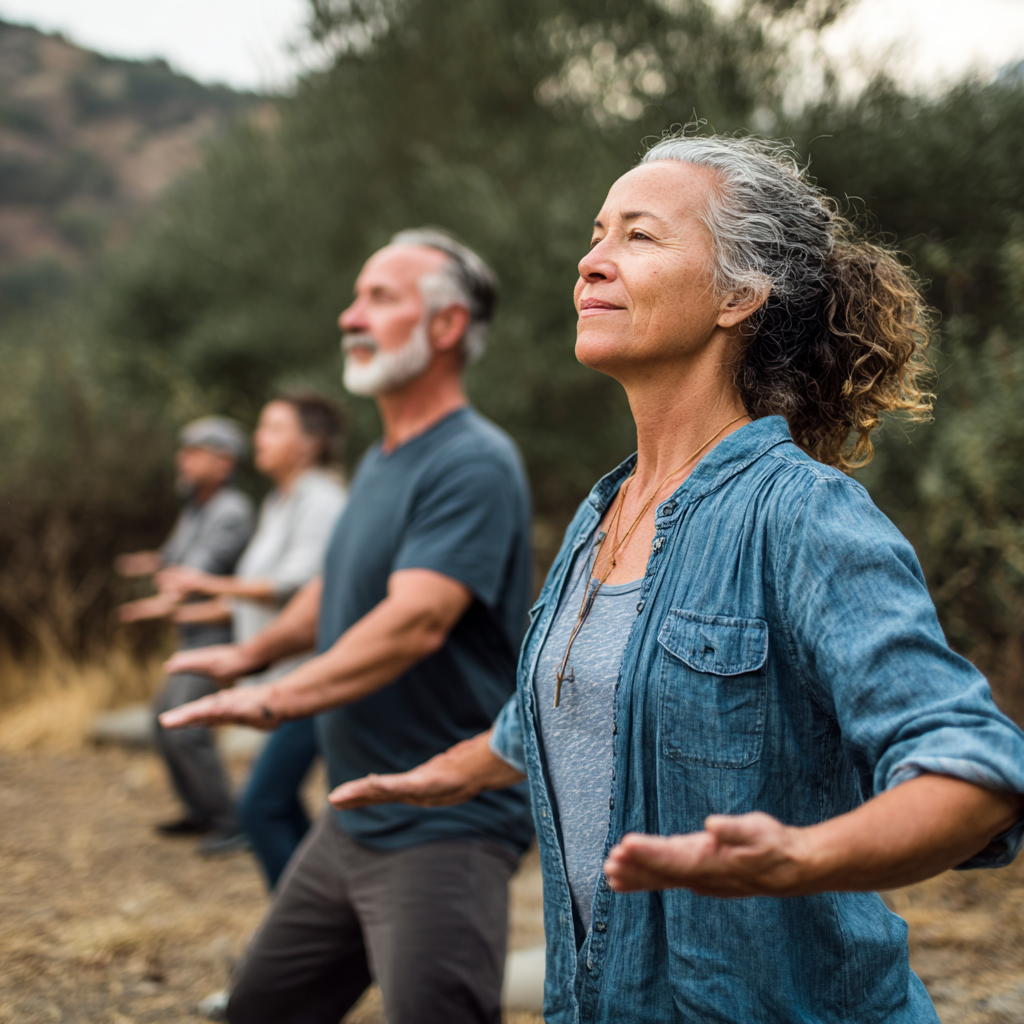 Middle-aged adults practicing gentle movement exercises outdoors in natural setting