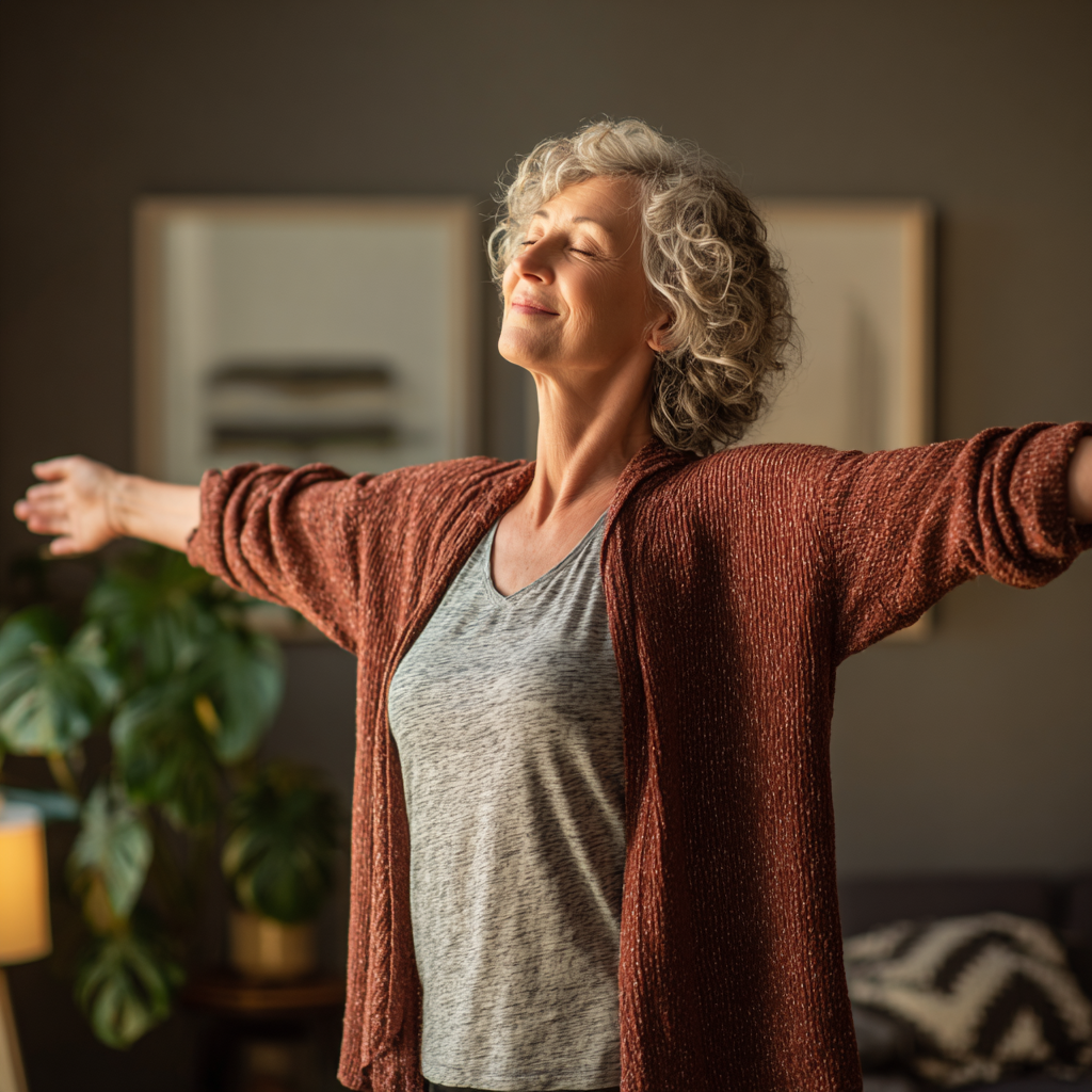 Middle-aged person demonstrating gentle daily movement routine in comfortable home environment