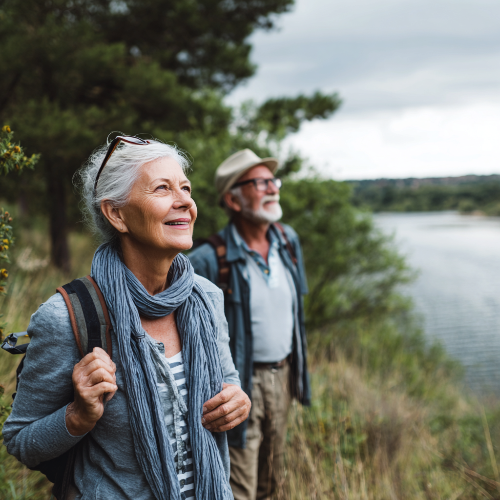 Older adults enjoying gentle outdoor activities in peaceful natural environment